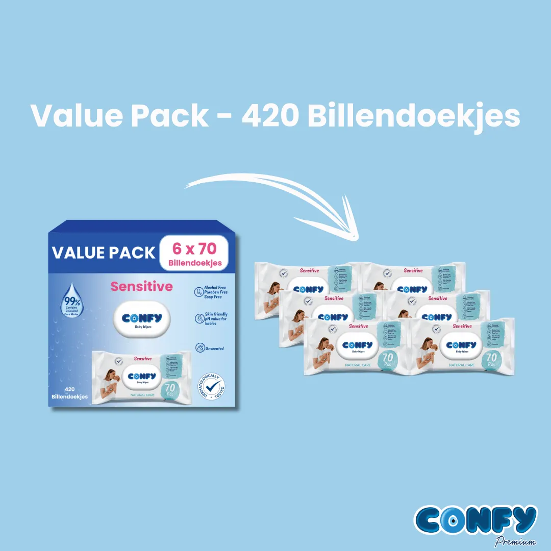 Confy Sensitive billendoekjes 6x70 stuks pH 5,5 geurvrij