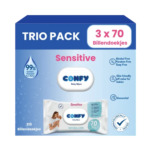 Confy Sensitive Billendoekjes 3x70 Stuks Geurvrij pH 5.5