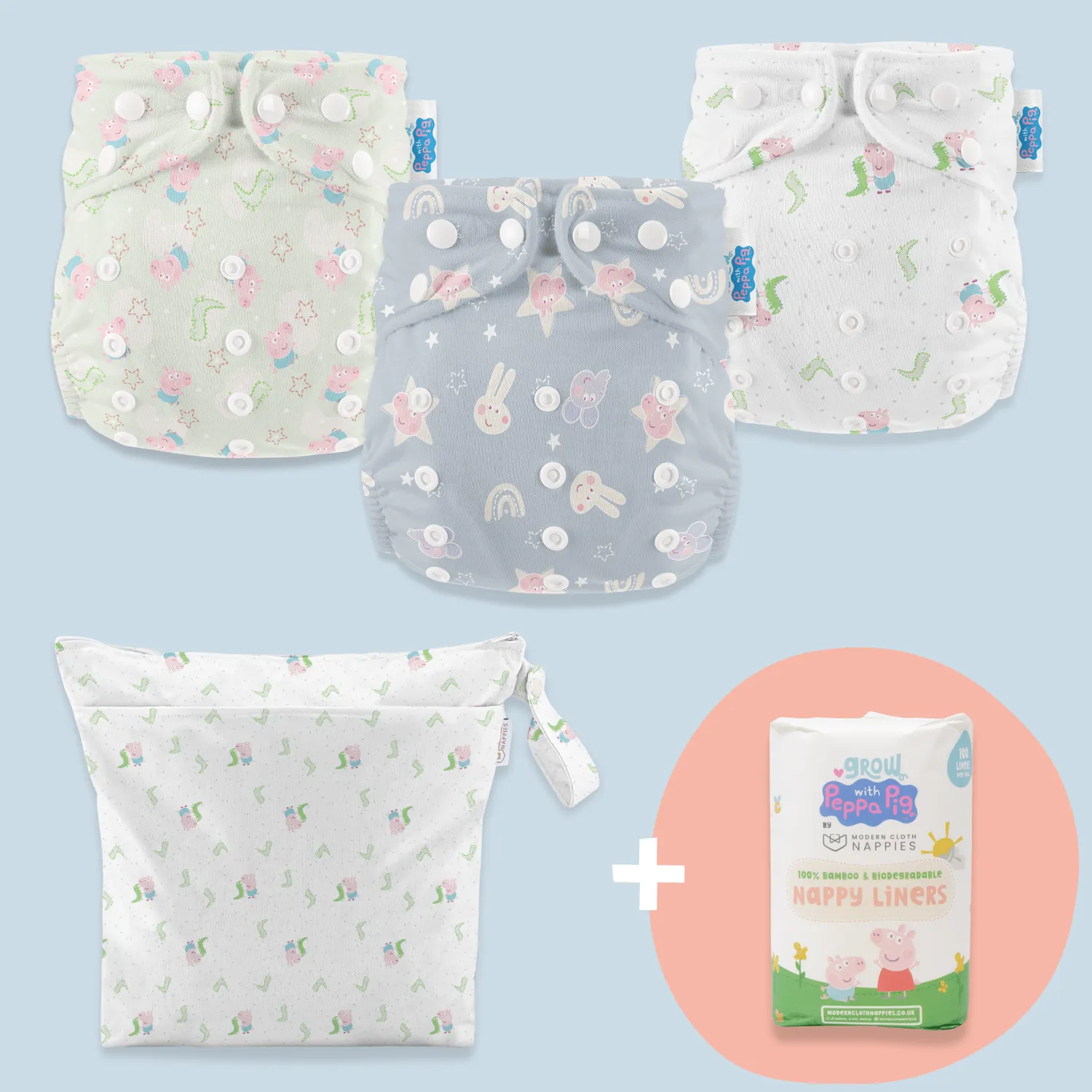 Modern Cloth Nappies Peppa Pig wasbare luiers 3-pack + wetbag lekvrij