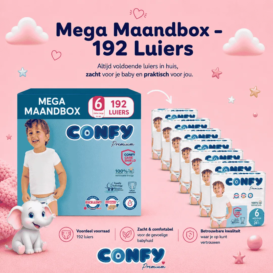 Confy Premium Maat 6 luiers 192 Mega Maandbox hypoallergeen