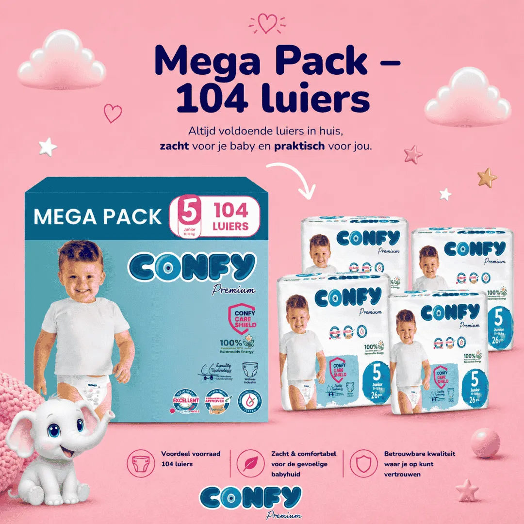 Confy Premium Maat 5 luiers mega pack 104 stuks hypoallergeen