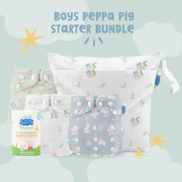 Modern Cloth Nappies Peppa Pig wasbare luiers 3-pack + wetbag lekvrij