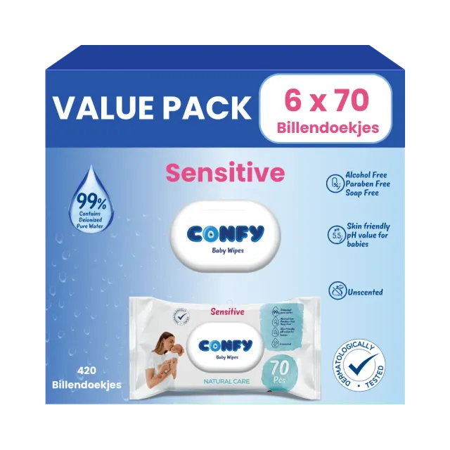 Confy Sensitive billendoekjes 6x70 stuks pH 5,5 geurvrij