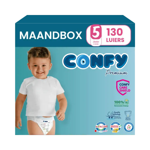 Confy Premium maat 5 luiers 130 stuks maandbox hypoallergeen