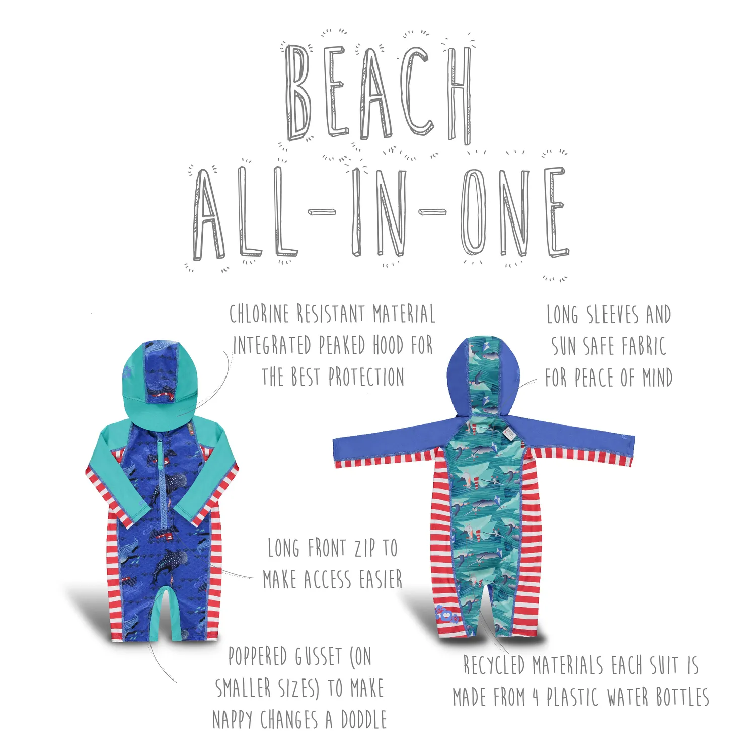 Pop-in Beach Sunsuit UV-pak lange mouwen Albatross gerecycled