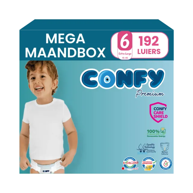 Confy Premium Maat 6 luiers 192 Mega Maandbox hypoallergeen
